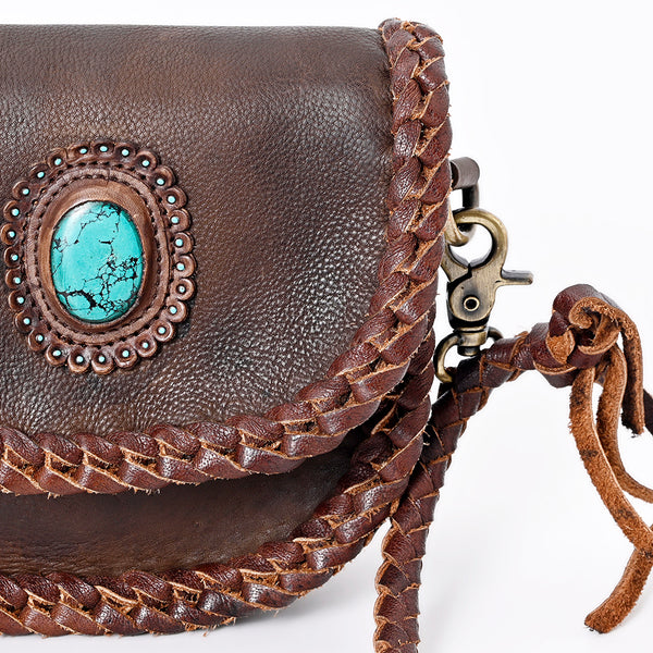 ADBGM338 Braided Leather Crossbody Bag with Stone Accent and Flap Closure