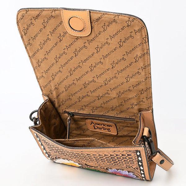 ADBGZ693 Hand-Tooled Leather Western Crossbody Bag - Floral Carving in Natural Tan