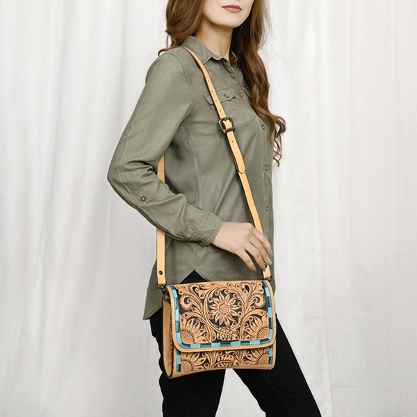 ADBGZ693 Hand-Tooled Leather Western Crossbody Bag - Floral Carving in Natural Tan