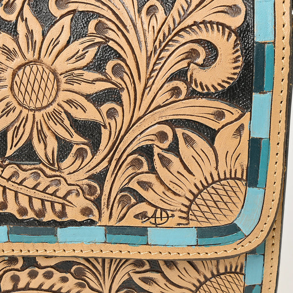 ADBGZ693 Hand-Tooled Leather Western Crossbody Bag - Floral Carving in Natural Tan