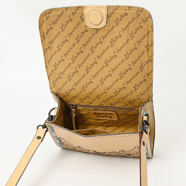 ADBGZ693 Hand-Tooled Leather Western Crossbody Bag - Floral Carving in Natural Tan