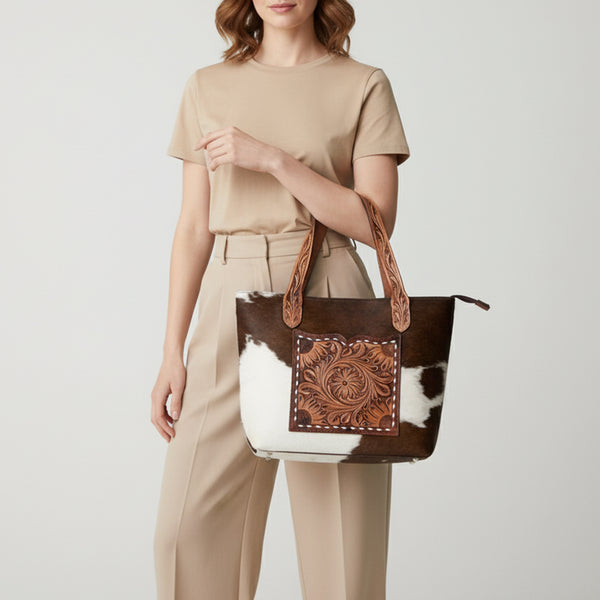 LC-ADBGZ694 Genuine Cowhide Leather Tote Bag with Hand-Tooled Floral Patch - Western Shoulder Bag