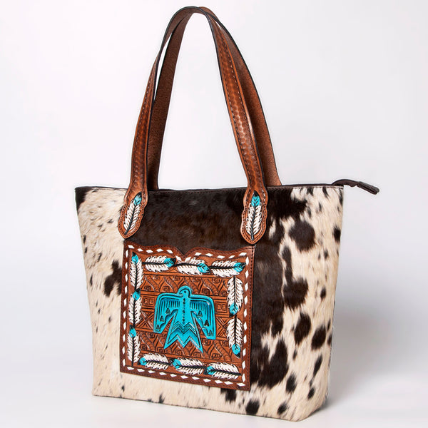 LC-ADBGZ694 Genuine Cowhide Leather Tote Bag with Hand-Tooled Floral Patch - Western Shoulder Bag