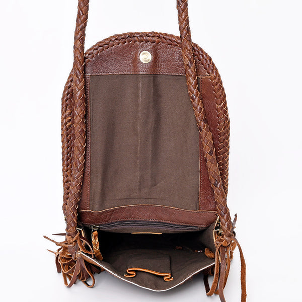 ADBGM262 Hair-On Cowhide Fringe Messenger Bag - Turquoise Concho & Braided Leather