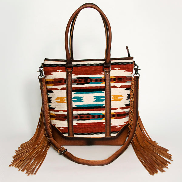 ADBG1030A American Darling Handwoven Saddle Blanket Tote Bag with Leather Fringe Western Boho Style