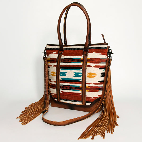 ADBG1030A American Darling Handwoven Saddle Blanket Tote Bag with Leather Fringe Western Boho Style