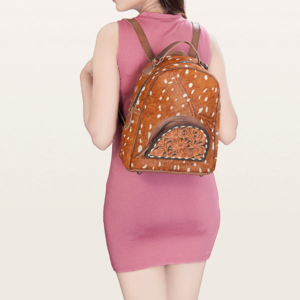 ADBGS156 Printed Cowhide Leather Backpack with Tooled Floral Pocket - Western Wild Style