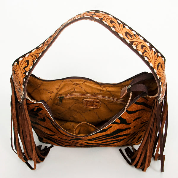ADBG803 American Darling Western Leather Hobo Bag - Hand Tooled Cowhide & Fringe Purse