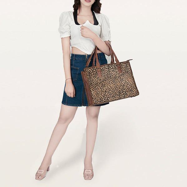 LC-ADBGS118 Western Tote Bag - Hair-On Leather with Whipstitch Trim & Detachable Strap