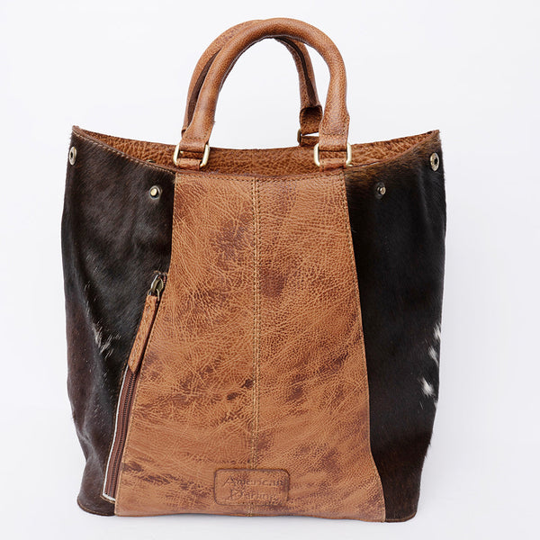 ADBGI217 Hair-On Hide Western Tote with Tooled Leather & Turquoise Concho