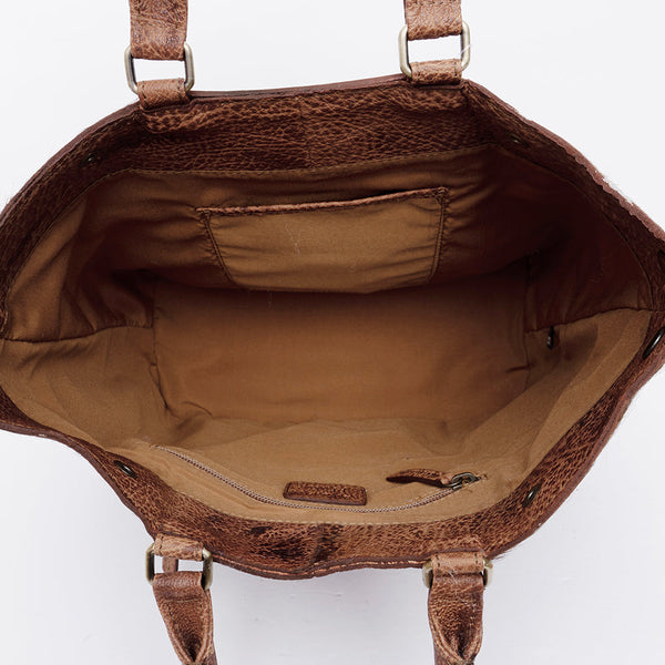 ADBGI217 Hair-On Hide Western Tote with Tooled Leather & Turquoise Concho
