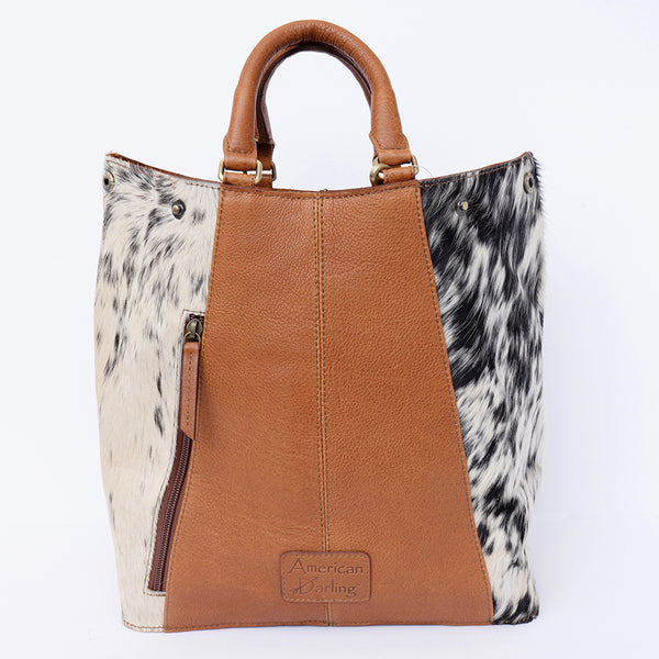 ADBGI217 Hair-On Hide Western Tote with Tooled Leather & Turquoise Concho