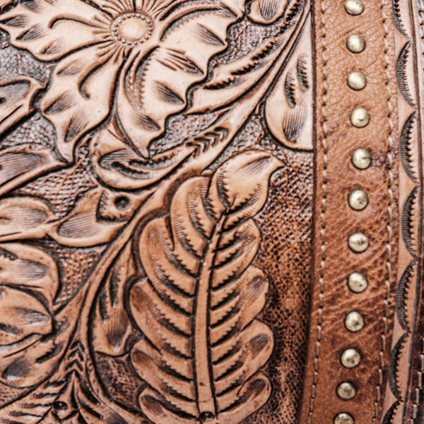 ADBGI218 Tooled Leather Hobo Bag with Turquoise Concho & Studded Trim