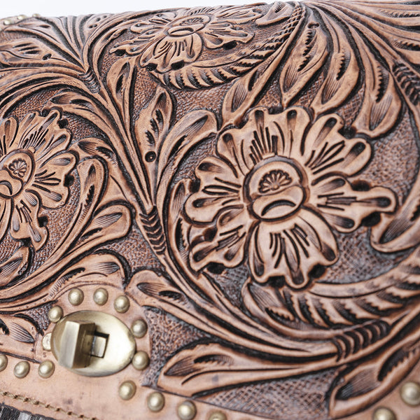 ADBGI220 Round Tooled Leather & Hair-On Crossbody Bag - Floral Flap Western Purse