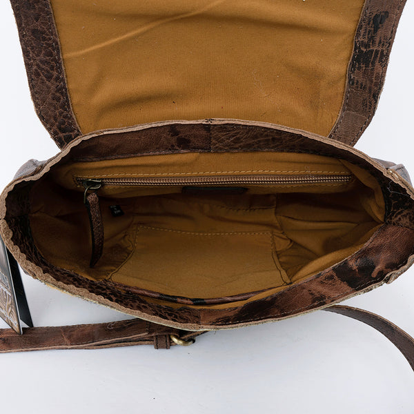 ADBGI220 Round Tooled Leather & Hair-On Crossbody Bag - Floral Flap Western Purse