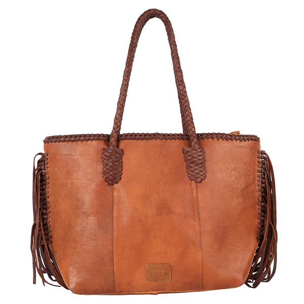 LC-ADBGM276 Tan Western Leather Tote - Fringe, Braided Handles & Turquoise Concho