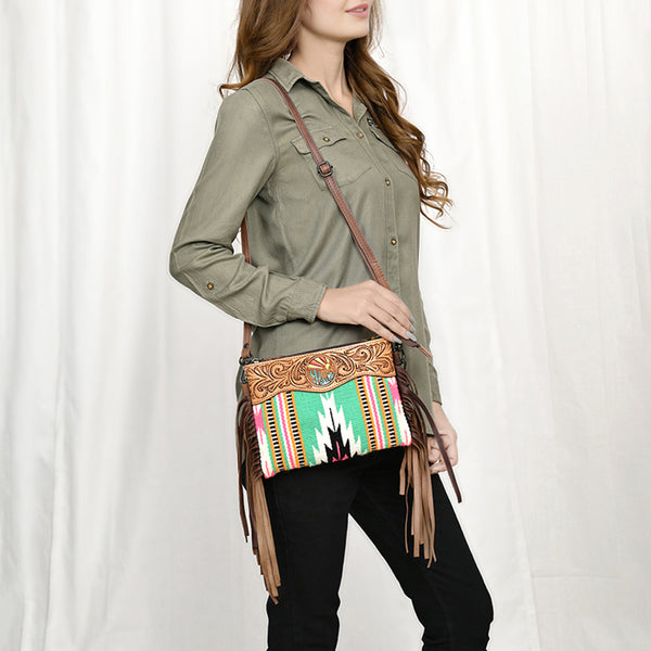 LC-ADBGZ183 Southwestern Wool Crossbody Bag with Tooled Leather & Desert Concho - Fringe Western Purse