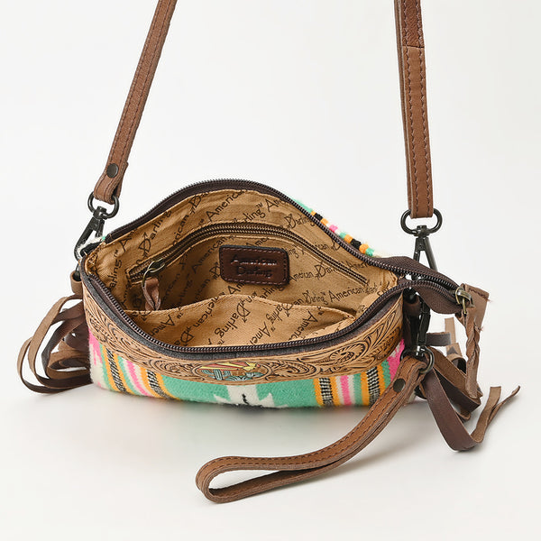 LC-ADBGZ183 Southwestern Wool Crossbody Bag with Tooled Leather & Desert Concho - Fringe Western Purse