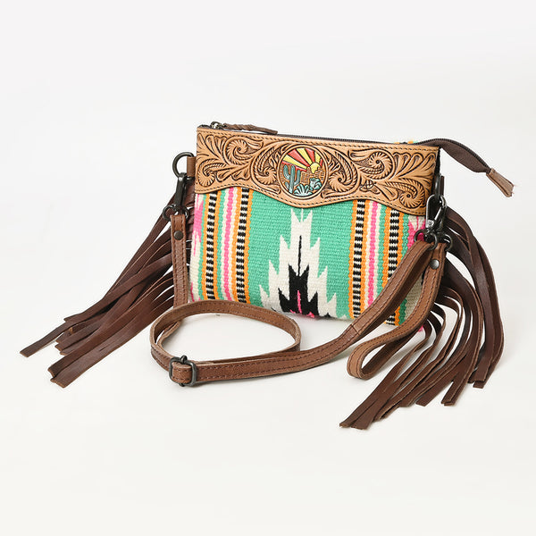 LC-ADBGZ183 Southwestern Wool Crossbody Bag with Tooled Leather & Desert Concho - Fringe Western Purse