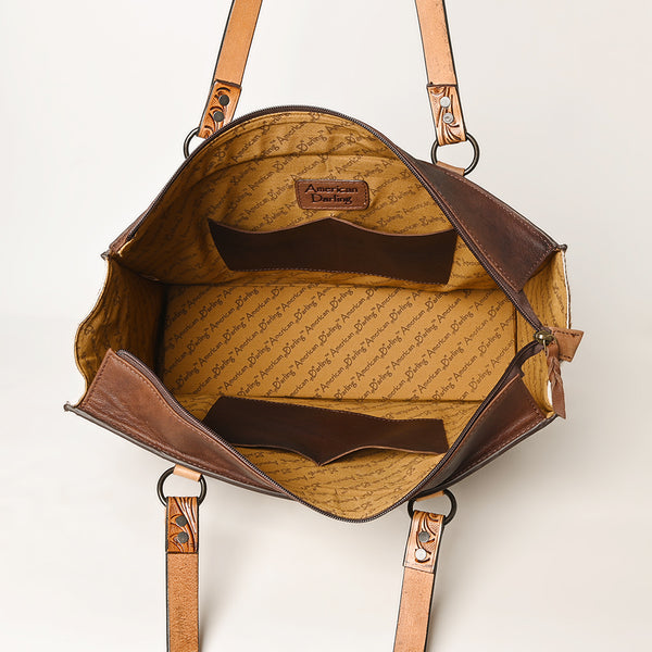 LC-ADBGZ695 Hair-On Cowhide Tote Bag with Hand-Tooled Leather & Fringe - Western Shoulder Bag