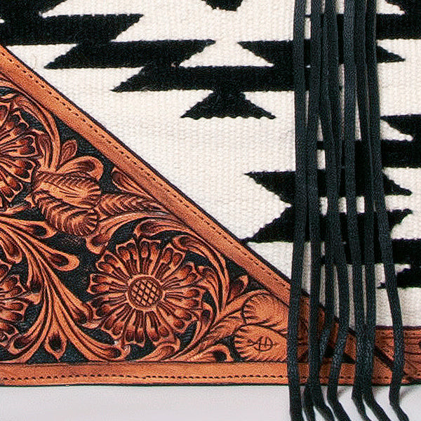 LC-ADBGZ695 Southwestern Aztec Tote Bag with Hand-Tooled Leather and Fringe - Western Shoulder Purse
