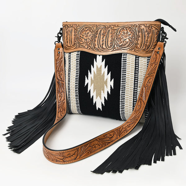 ADBGZ701 Tooled Leather Crossbody Bag with Fringe & Wool Saddle Blanket - Western Style Purse