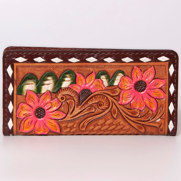 ADBG488 Artisan Genuine Leather Clutch with Tooled Floral Patterns and Braided Trim