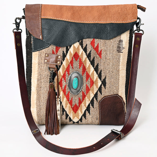 ADBG1055 American Darling Handcrafted Leather Crossbody Bag with Saddle Blanket Colorful Design & Tassels Western Handbag