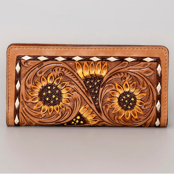 ADBG488 Artisan Genuine Leather Clutch with Tooled Floral Patterns and Braided Trim