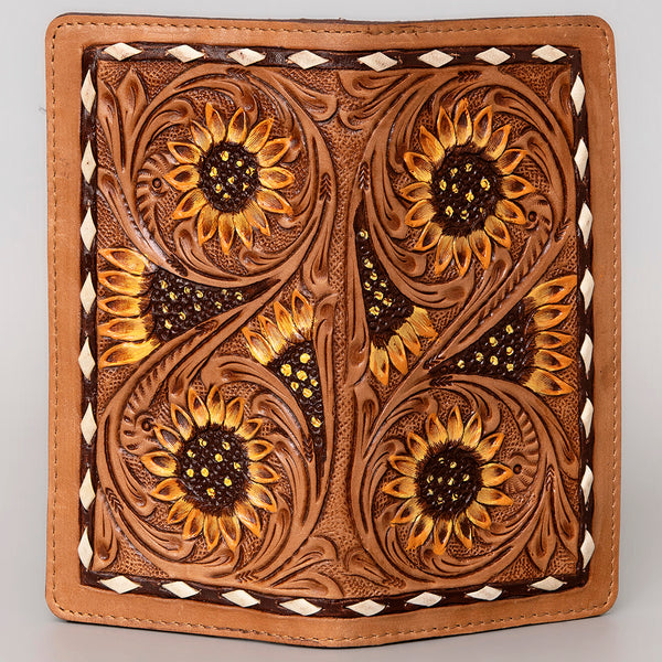 ADBG488 Artisan Genuine Leather Clutch with Tooled Floral Patterns and Braided Trim