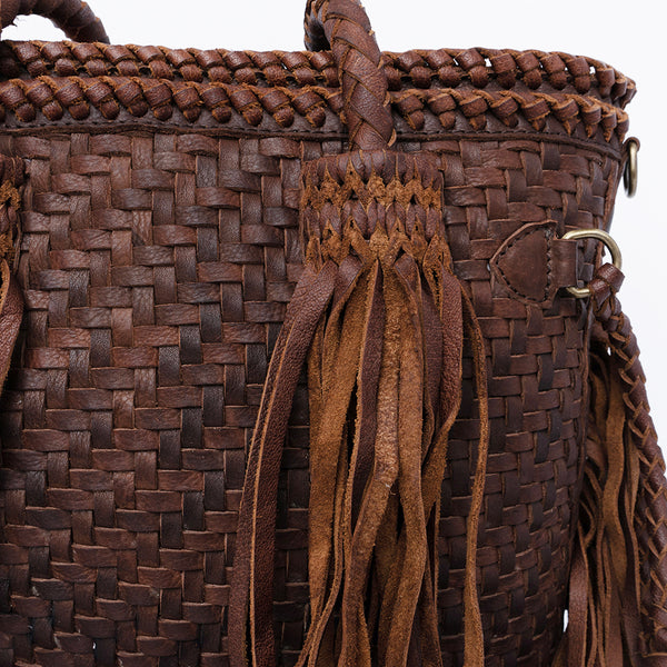 ADBGD146 American Darling Western Leather Tote Bag - Basket Weave Fringed Handcrafted Purse