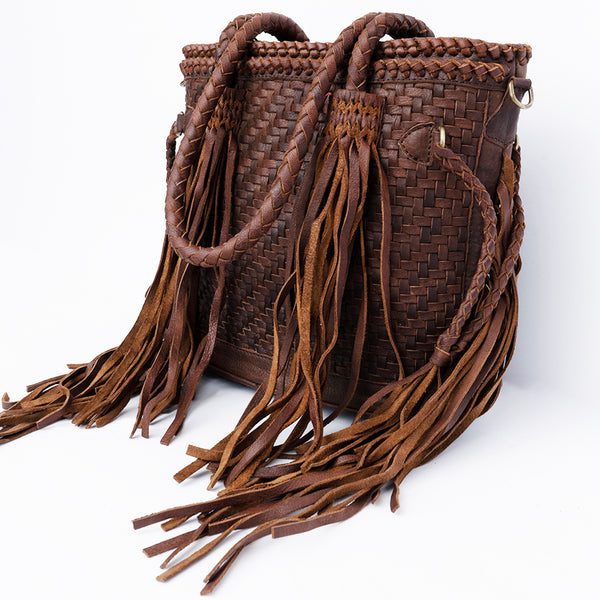 ADBGD146 American Darling Western Leather Tote Bag - Basket Weave Fringed Handcrafted Purse