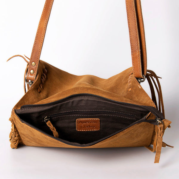 ADBGM307 Tooled Leather & Genuine suede Fringe Crossbody - Western Floral Panel & Adjustable Strap