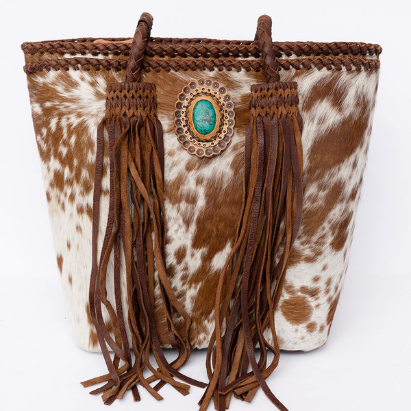 ADBGD128 American Darling Hair-On Cowhide Tote Bag with Turquoise Stone & Fringes