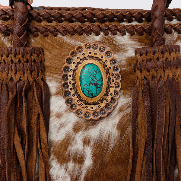 ADBGD128 American Darling Hair-On Cowhide Tote Bag with Turquoise Stone & Fringes