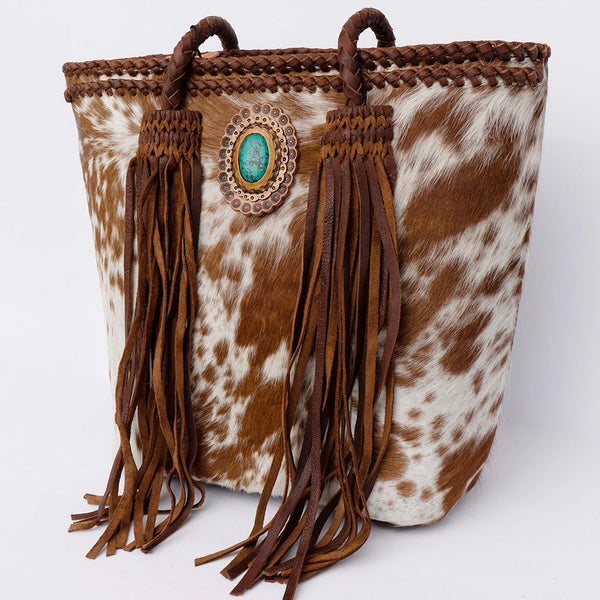 ADBGD128 American Darling Hair-On Cowhide Tote Bag with Turquoise Stone & Fringes