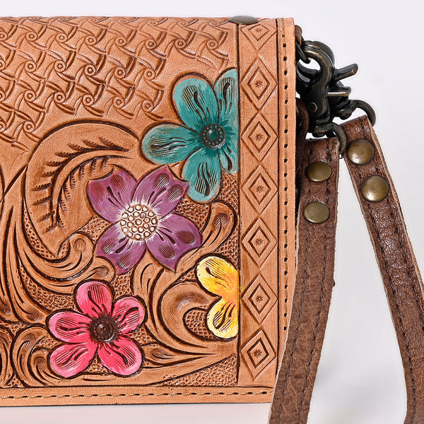 ADBG485 Western Hand Tooled Leather Floral Crossbody Organiser Bag
