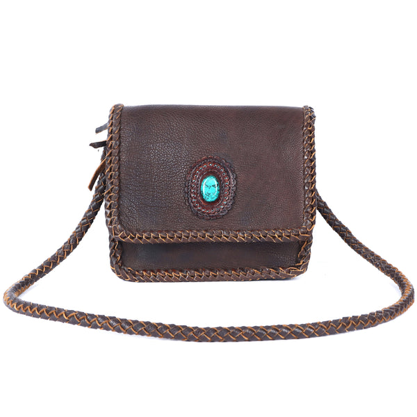 ADBGM261 Handcrafted Leather Crossbody Bag with Turquoise Concho & Braided Trim - Western Shoulder Purse