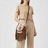 ADBGM338 Spotted Cowhide Fringe Crossbody Bag with Turquoise Concho - Small Western Braided Flap Purse