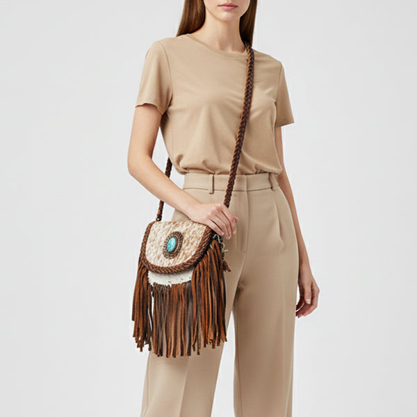 ADBGM338 Spotted Cowhide Fringe Crossbody Bag with Turquoise Concho - Small Western Braided Flap Purse