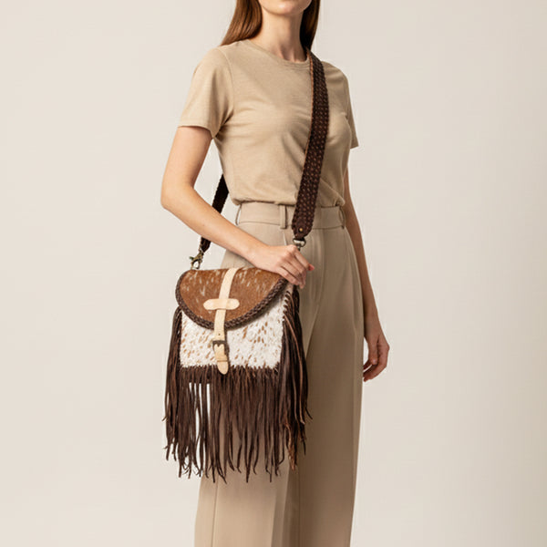 ADBGM314 Crossbody Fringe Bag - Genuine Cowhide Leather with Braided Strap & Western Buckle