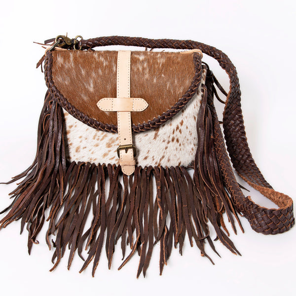ADBGM314 Crossbody Fringe Bag - Genuine Cowhide Leather with Braided Strap & Western Buckle