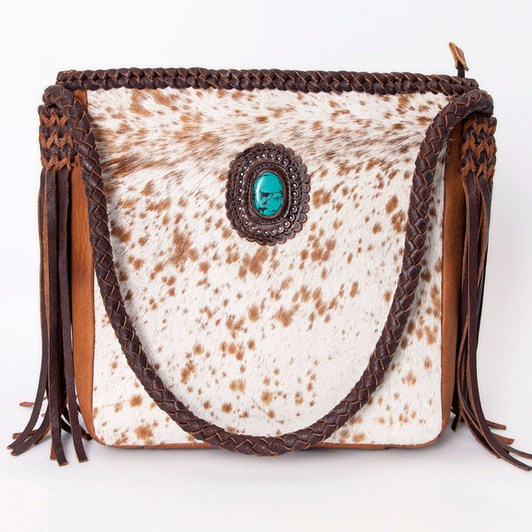 LC-ADBGM318 Cowhide Leather Tote with Turquoise Concho and Fringe - Western Braided Strap Bag