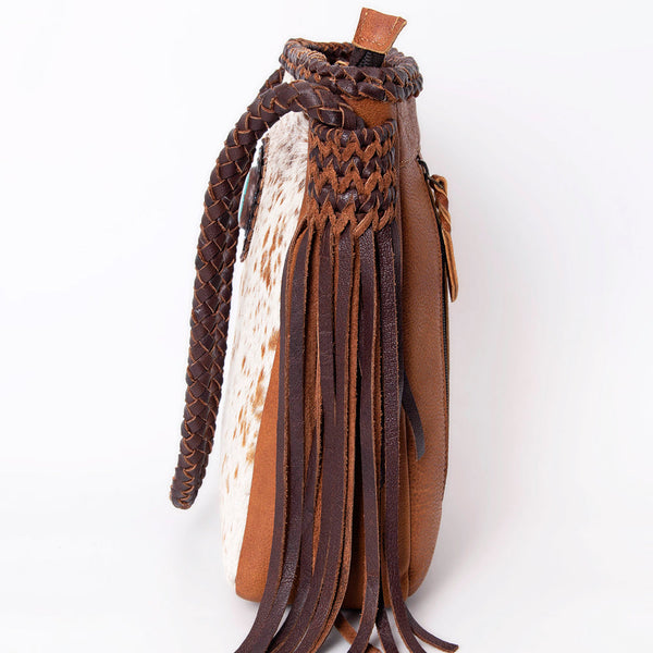 LC-ADBGM318 Cowhide Leather Tote with Turquoise Concho and Fringe - Western Braided Strap Bag