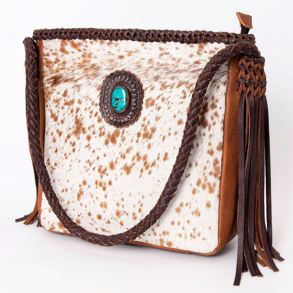 LC-ADBGM318 Cowhide Leather Tote with Turquoise Concho and Fringe - Western Braided Strap Bag