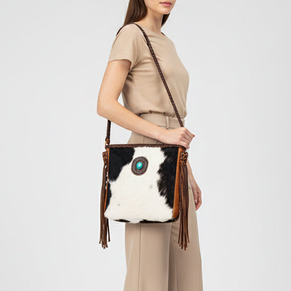 LC-ADBGM318 Cowhide Leather Tote with Turquoise Concho and Fringe - Western Braided Strap Bag
