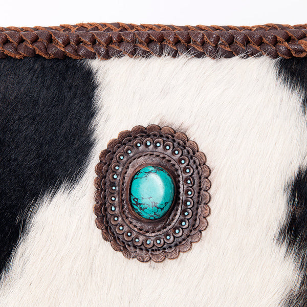 LC-ADBGM318 Cowhide Leather Tote with Turquoise Concho and Fringe - Western Braided Strap Bag