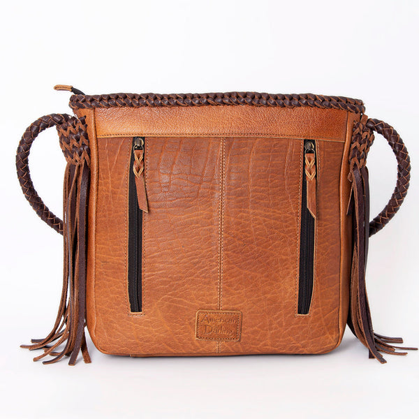 LC-ADBGM318 Cowhide Leather Tote with Turquoise Concho and Fringe - Western Braided Strap Bag