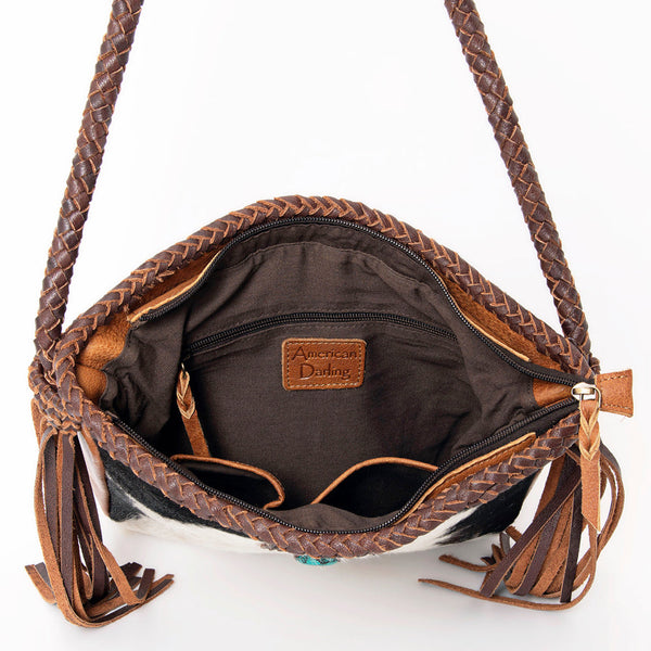 LC-ADBGM318 Cowhide Leather Tote with Turquoise Concho and Fringe - Western Braided Strap Bag