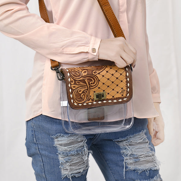 ADBGZ722 Clear Crossbody Bag with Quilted Tooled Leather Flap - Western Stadium-Approved Purse